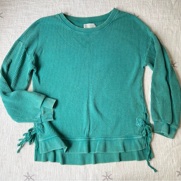 Saturday Sunday waffle knit crewneck pullover sweater M teal green rib knit ties - Picture 1 of 8